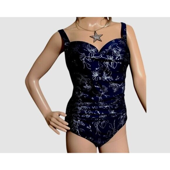 Nip Tuck Swim Floral One-Piece Swimsuit Navy/White Size 10 Rushed Front Colorful - Picture 2 of 10